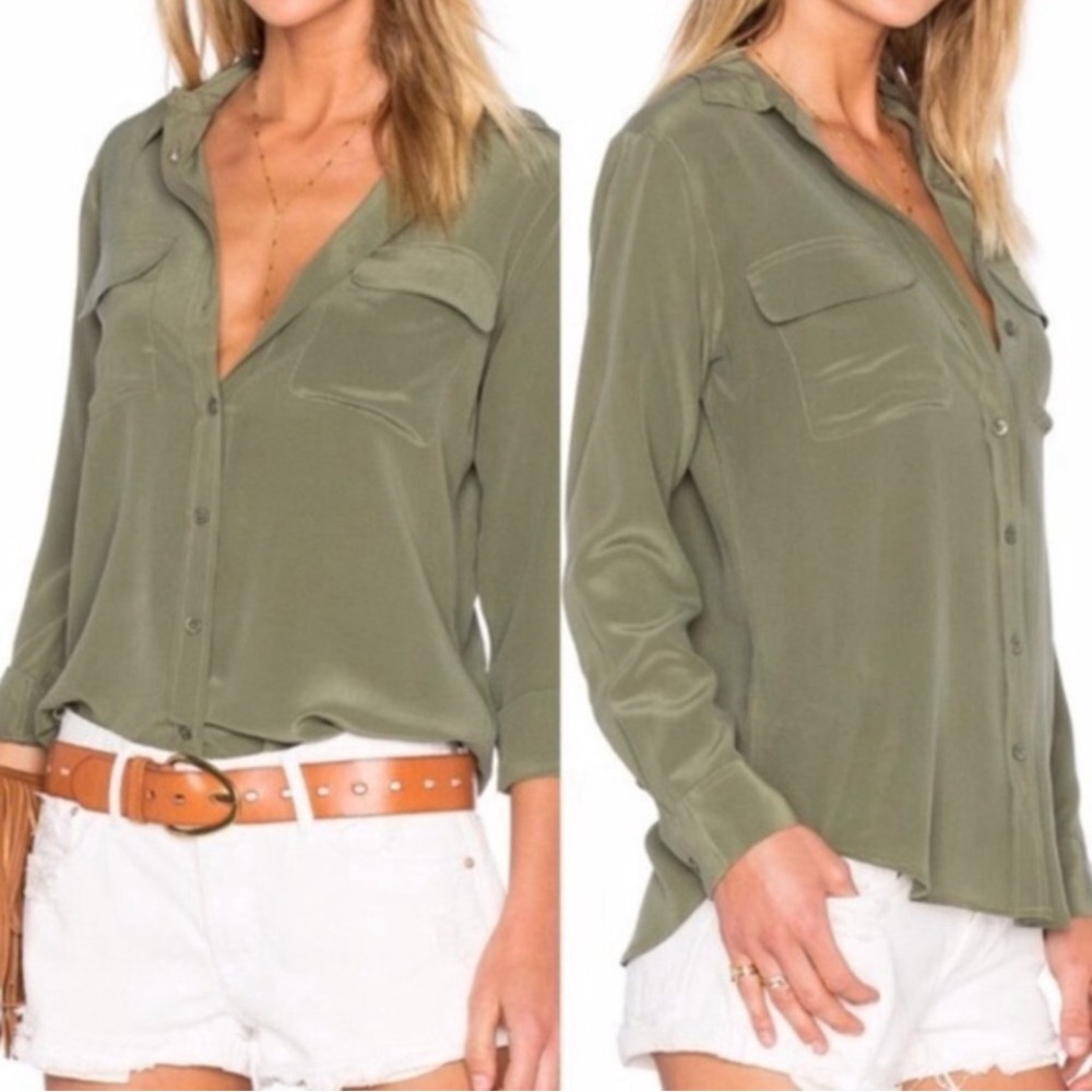 Equipment Femme Signature Button Down Silk Blouse in Camouflage Green Size XS